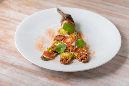 Eggplant with tomatoes. Plant based vegan cuisine. Close up photoの写真素材