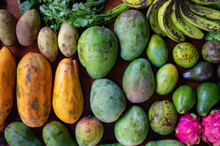 Set of Balinese fruits and vegetables . Flat layの写真素材