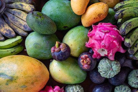 Set of Balinese fruits and vegetables . Flat layの写真素材