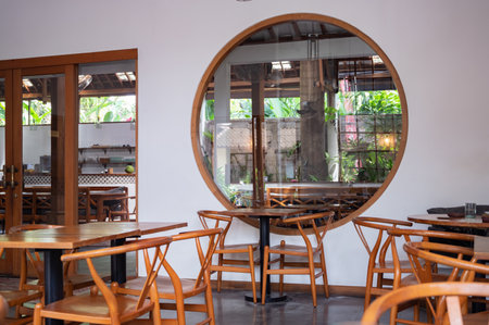 Beautiful interior of Bali style cafe in Ubud, Bali, Indonesiaの写真素材