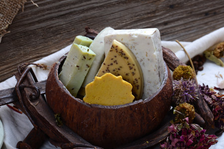 Handmade Soap with bath and spa accessories. White soap composition with flowersの写真素材