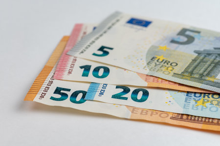 5, 10, 20, 50 euro banknotes. Money on white backgroundの写真素材
