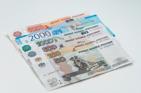 Russian rubles background. Money background and texture. Banknotes of different denominationsの写真素材
