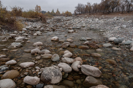 Slow and not deep mountain river with rounded stonesの写真素材