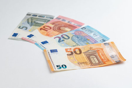 5, 10, 20, 50 euro banknotes. Money on white background