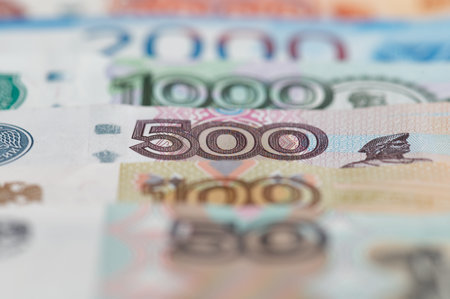 Russian rubles background. Money background and texture. Banknotes of different denominations