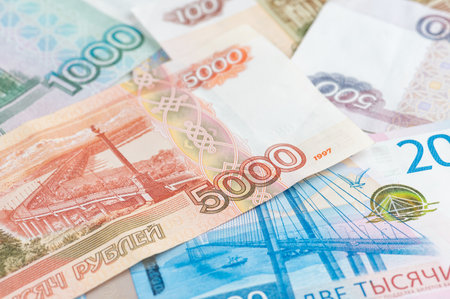 Russian rubles background. Money background and texture. Banknotes of different denominationsの写真素材