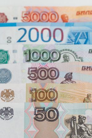 Russian rubles background. Money background and texture. Banknotes of different denominationsの写真素材