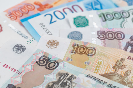 Russian rubles background. Money background and texture. Banknotes of different denominationsの写真素材