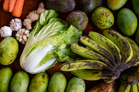 Set of Balinese fruits and vegetables . Flat layの写真素材