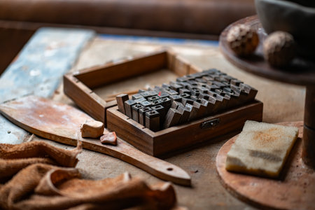 Vintage Crafting Tools for work with clay and Accessories Amidst a Rustic Tableの写真素材