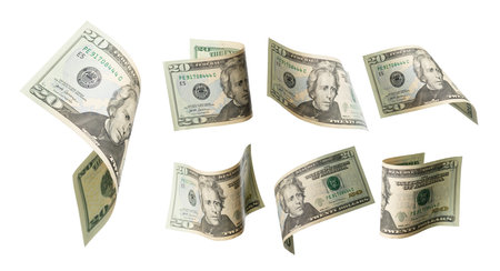 50 dollars flying on white background. Banknotes at different angles. Front sideの写真素材