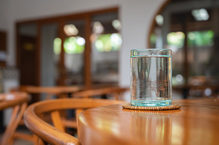 Glass of water in cafe. Beautiful interior of Bali style cafe in Ubud, Bali, Indonesiaの写真素材