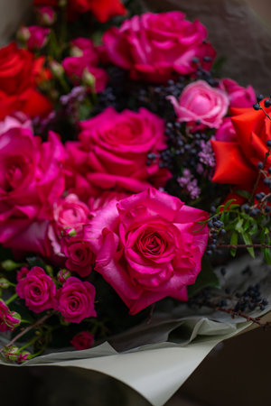 Beautiful Bouquet of magenta fuchsia color rosesの写真素材