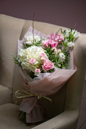 Bouquet of Pink and White Roses close upの写真素材
