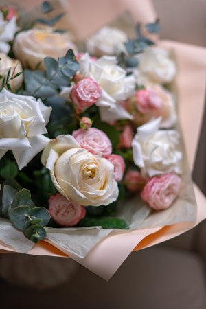 Bouquet of Pink and White Roses close upの写真素材