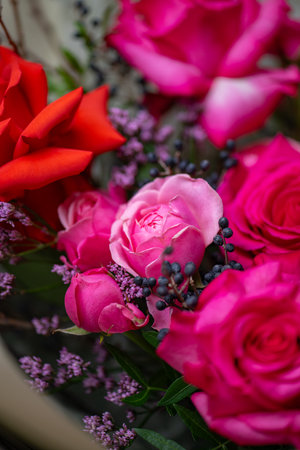 Beautiful Bouquet of magenta fuchsia color rosesの写真素材