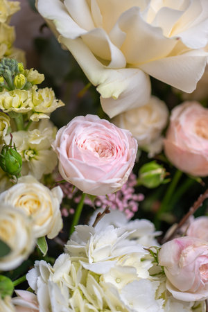 Delicate composition of white and pink roses in a basketの写真素材
