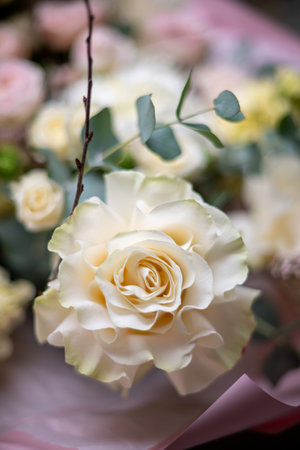 Delicate composition of white and pink roses in a basketの写真素材