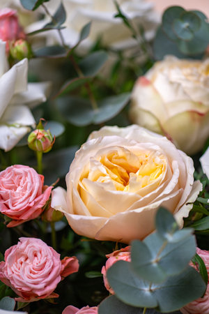 Delicate white and pink roses close upの写真素材