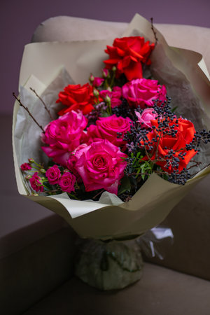 Beautiful Bouquet of magenta fuchsia color rosesの写真素材