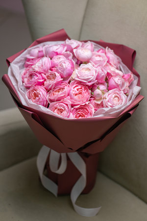 Beautiful Pink peony rose Bouquet close upの写真素材