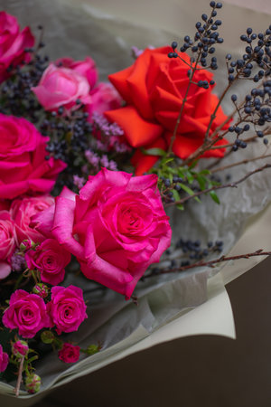 Beautiful Bouquet of magenta fuchsia color rosesの写真素材