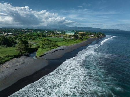 Aerial view of Beach of Keramas. Keramas surfing beach Bali, Indonesia.の写真素材