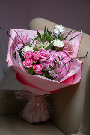 Beautiful Pink ranunculus Bouquet close upの写真素材