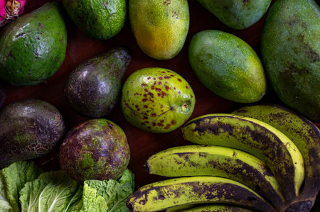 Set of Balinese fruits and vegetables . Flat layの写真素材