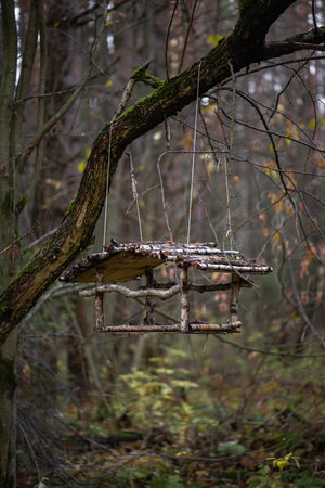Handmade wooden birdhouse on a tree in the forest. Rustic made of natural wood and branchesの写真素材