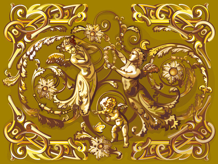 golden cupid and angels with arabesque ornamentのイラスト素材
