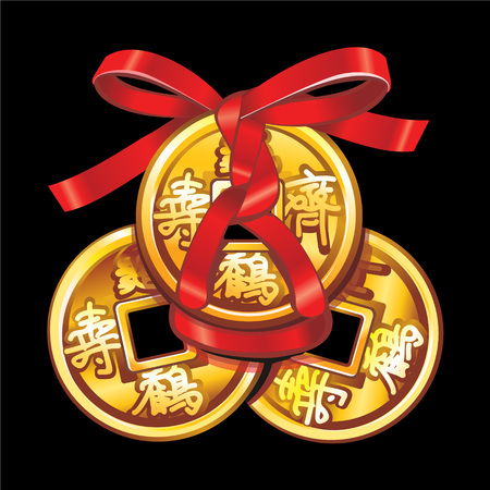 Vector Chinese coin tied with red ribbon. A square within a circle of ancient Chinese coins.  Set talismans Fung Shui.のイラスト素材