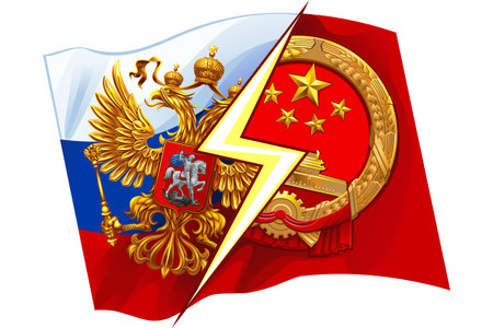 Russia VS China on the background of national flags. The coat of arms of the Russian Federation and the Peoples Republic of China.のイラスト素材