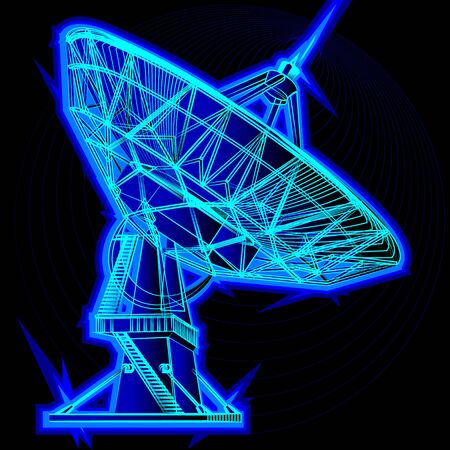 Radio telescope, parabolic antenna. On a black background, neon colors.のイラスト素材