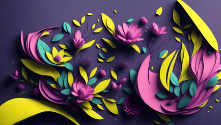 3d render, abstract floral background, pink and yellow paper cut flowersの素材