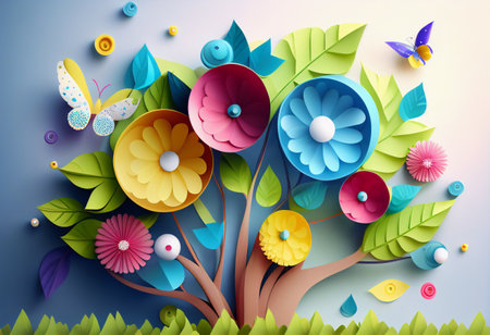 Paper art style floral tree with colorful paper flowers. vector illustration.の素材