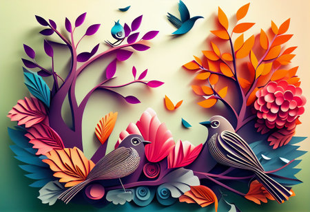 abstract floral background with birds and flowers, paper art style, vector illustrationの素材