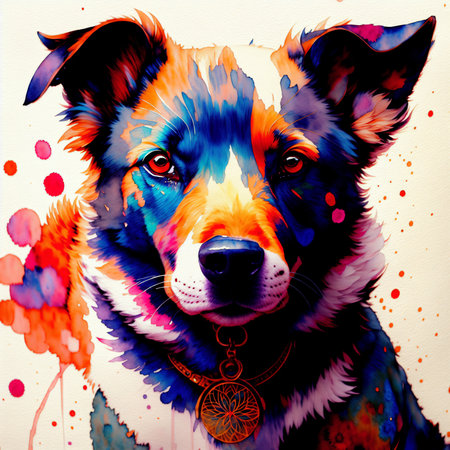 Portrait of a dog with multicolored paint splashes.の素材