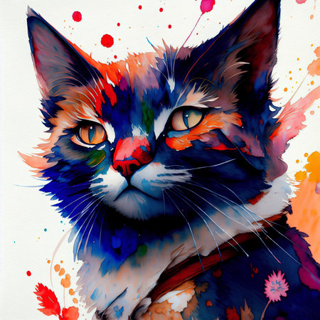 Colorful watercolor portrait of a cat on a white background.の素材