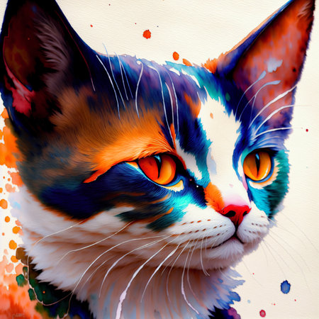 colorful portrait of a cat on a white background with watercolor stainsの素材