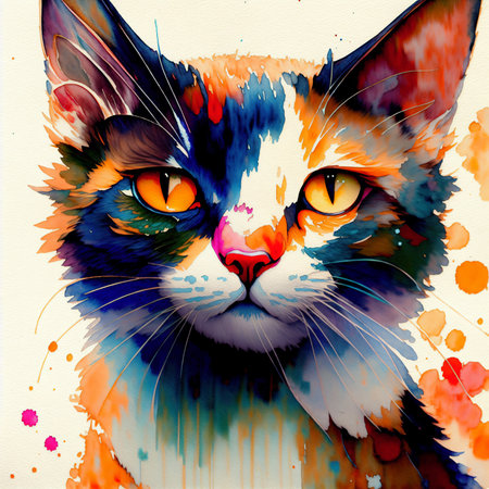 Watercolor portrait of a cat with multicolored splashes.の素材