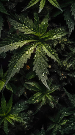 Cannabis leaf with water droplets after rain. Green leaves of marijuana plant with water drops.の素材