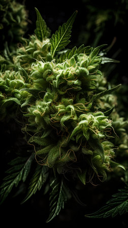 Cannabis bud on black background. Macro shot of marijuana flower.の素材