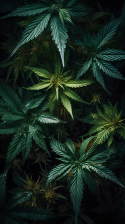Cannabis plant on dark background. Indoor grow medical marijuana.の素材