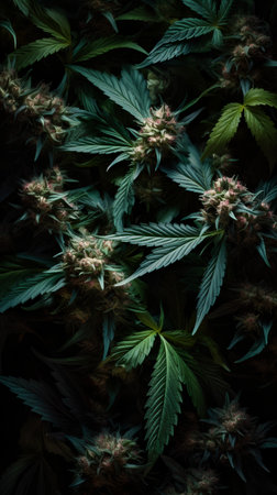 Flowers and buds of cannabis on a dark background. green background.の素材