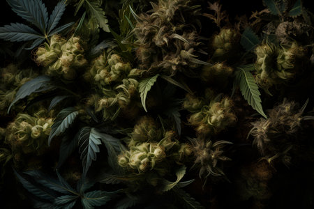 Cannabis buds and leaves on black background. close up.の素材