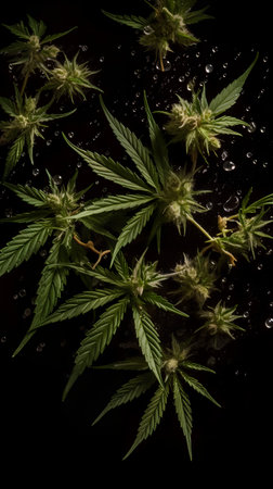 Cannabis buds and leaves on a black background with water dropsの素材