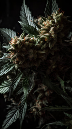 Cannabis flower buds on dark background. Medicinal indica.の素材