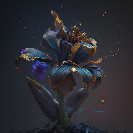 3d illustration of a flower with gold and blue petals.の素材